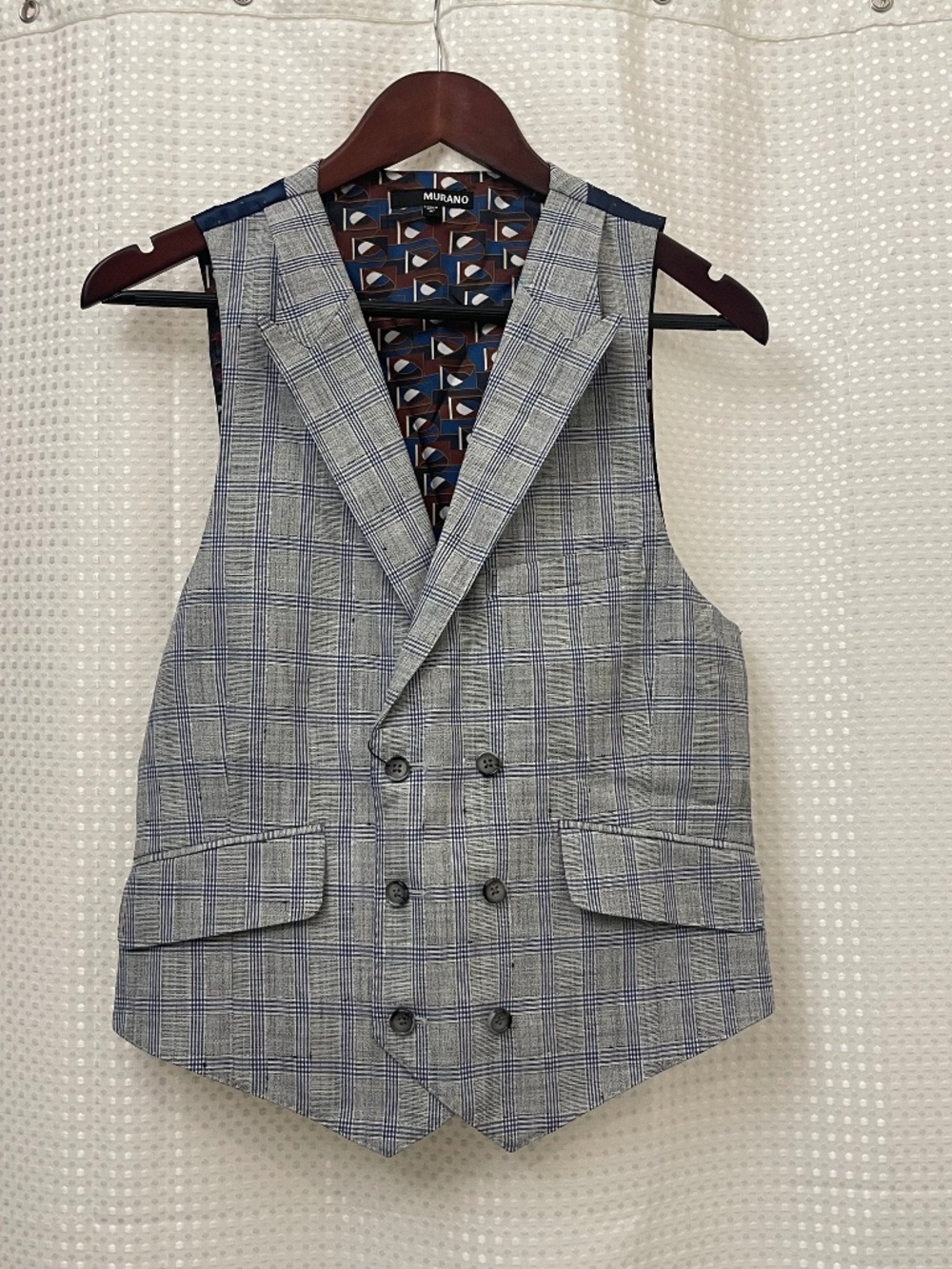 Plaid grey, white, blue suit vest